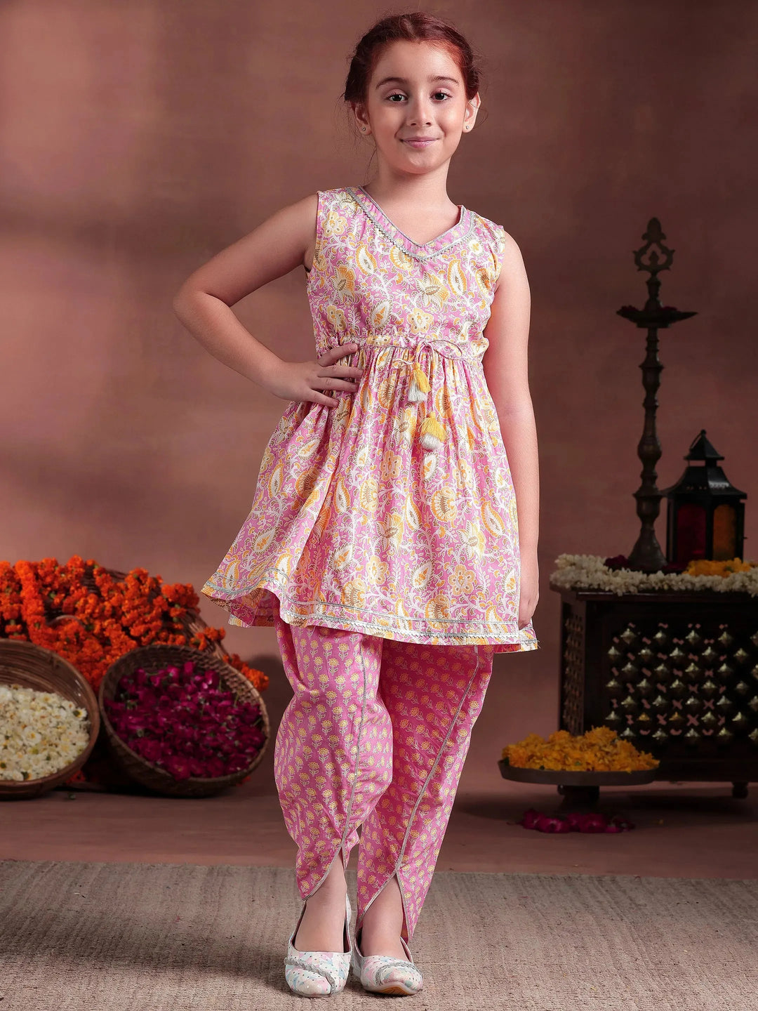  Kids Pink Printed Cotton A-Line Kurti With Salwar & Dupatta 