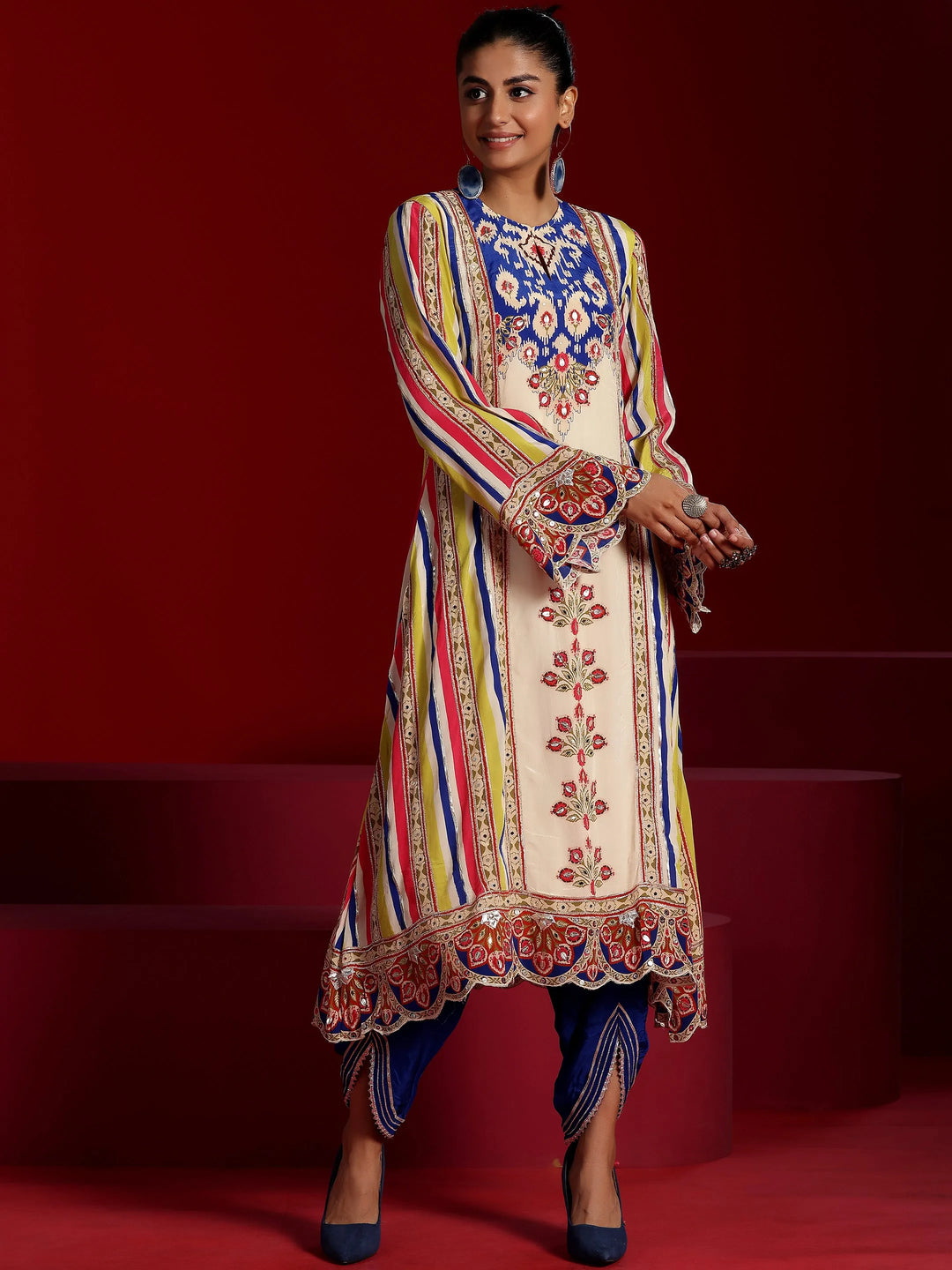  Libas Art Multi Printed Silk Crepe A-Line Kurta With Dhoti Pants 