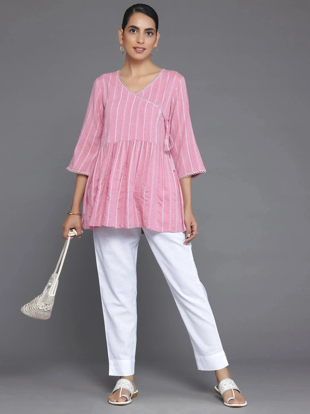  Pink Woven Design Cotton Blend A-Line Kurti 