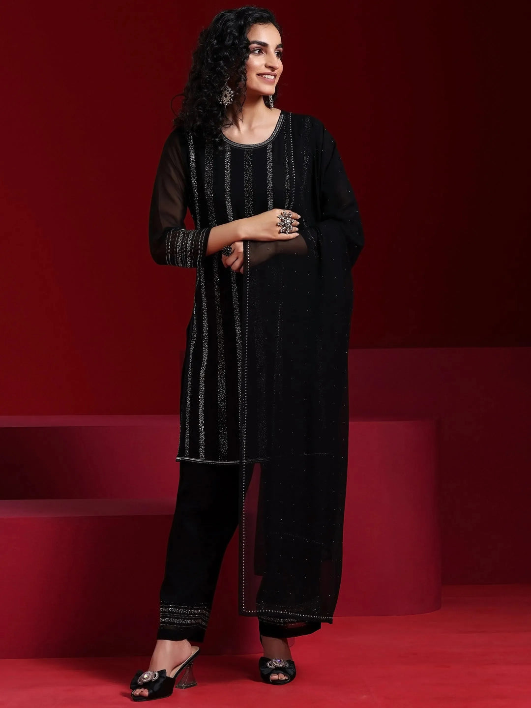  Libas Art Black Striped Georgette Straight Suit With Dupatta 