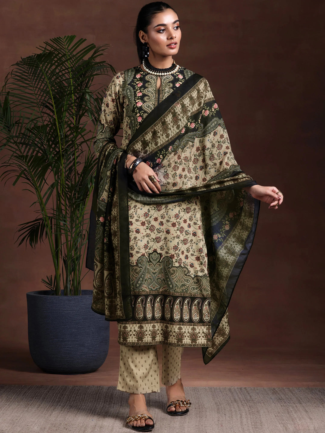  Beige Printed Poly Crepe Straight Suit With Dupatta 