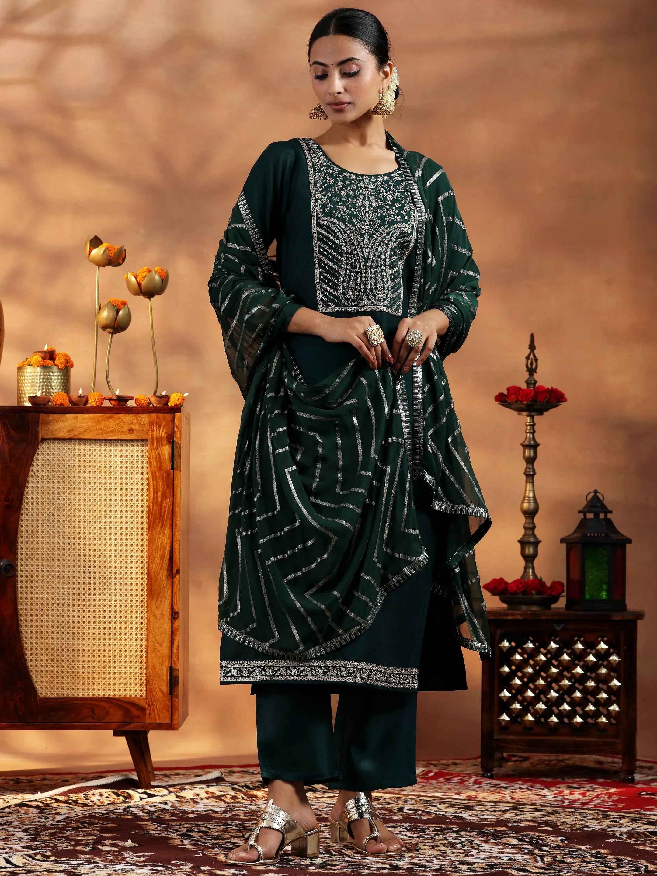 Green Embroidered Silk Blend A-Line Kurta With Trousers & Dupatta-image-49
