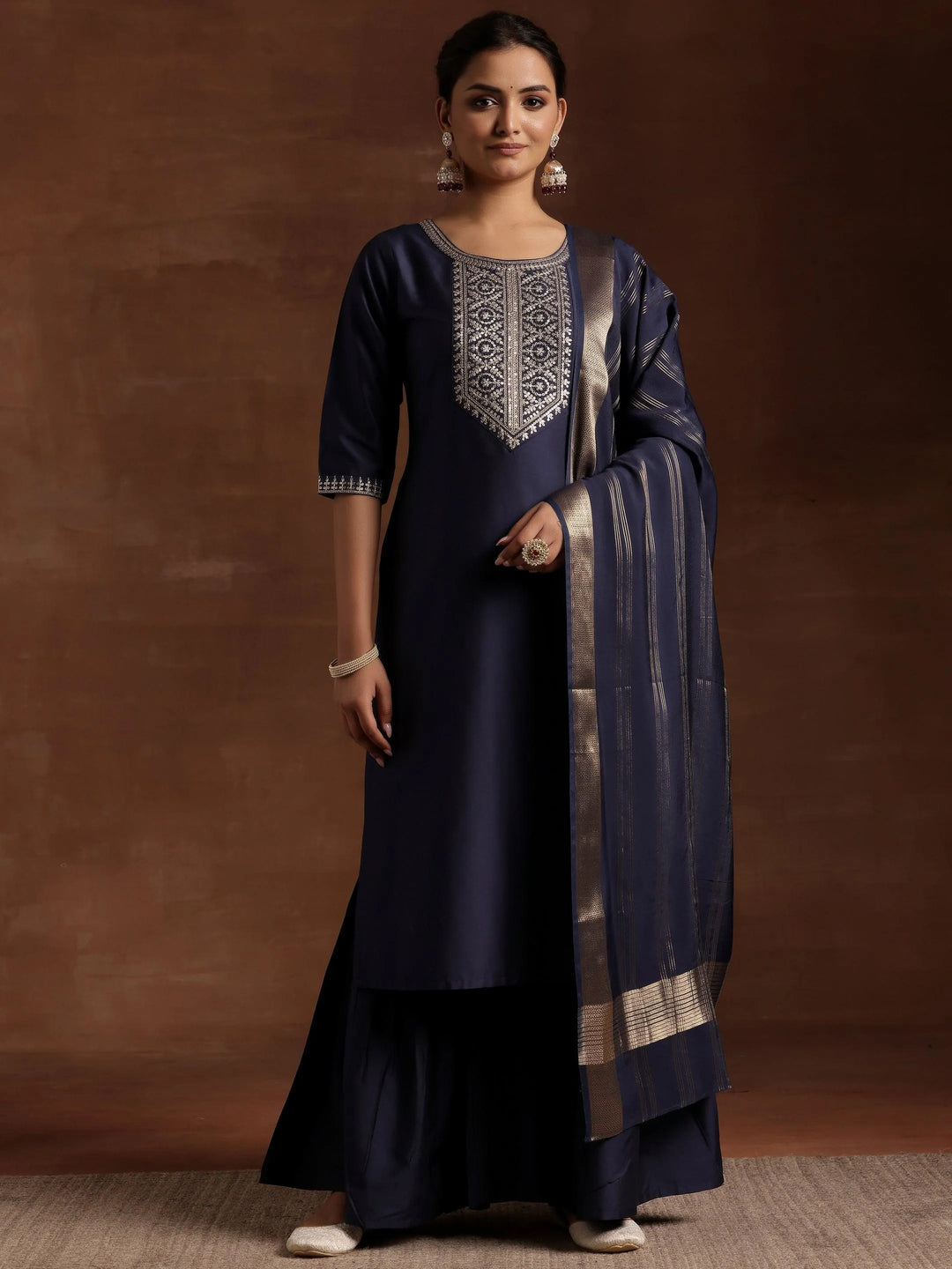 Blue Yoke Design Silk Blend Straight Suit With Dupatta - Libas