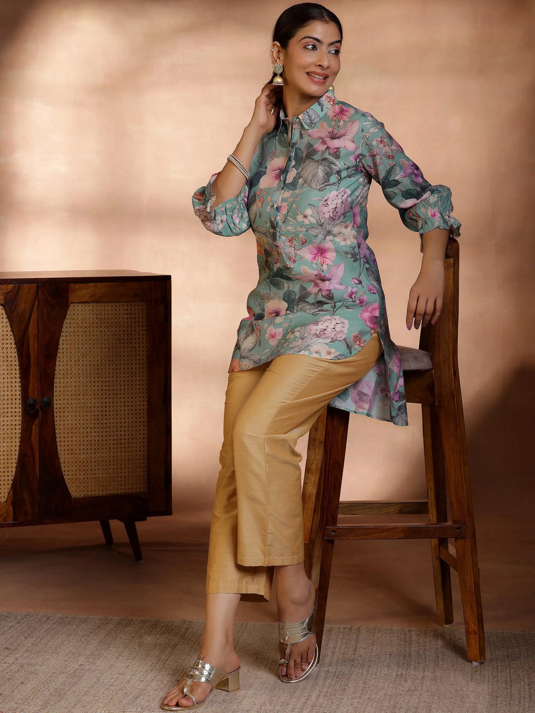  Sea Green Printed Silk Blend Straight Kurti 