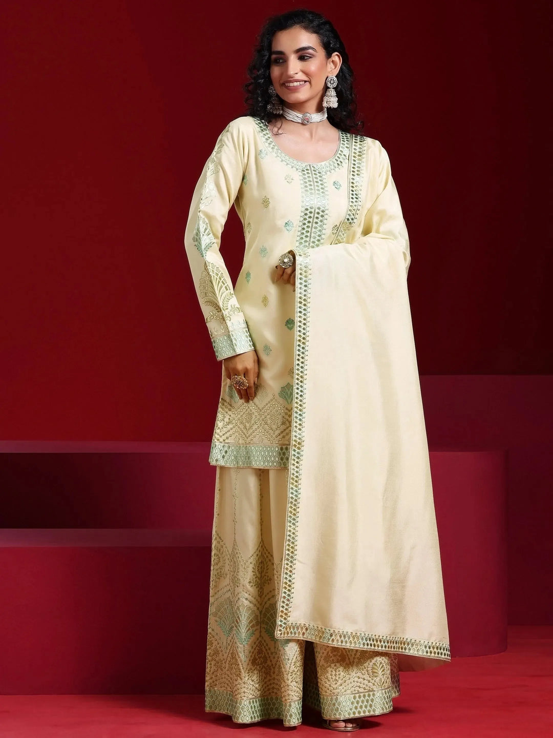  Libas Art Beige Embroidered Silk Blend Straight Suit With Dupatta 