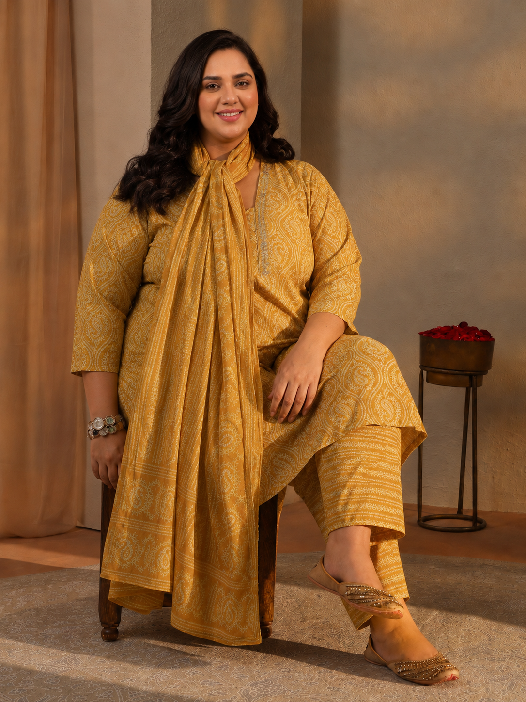 libas Plus Size Yellow Paisley Printed Cotton Straight Suit Set-picture-18