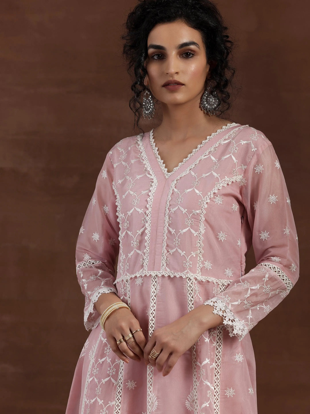 Pink Embroidered Organza A-Line Kurta With Palazzos & Dupatta - Libas 