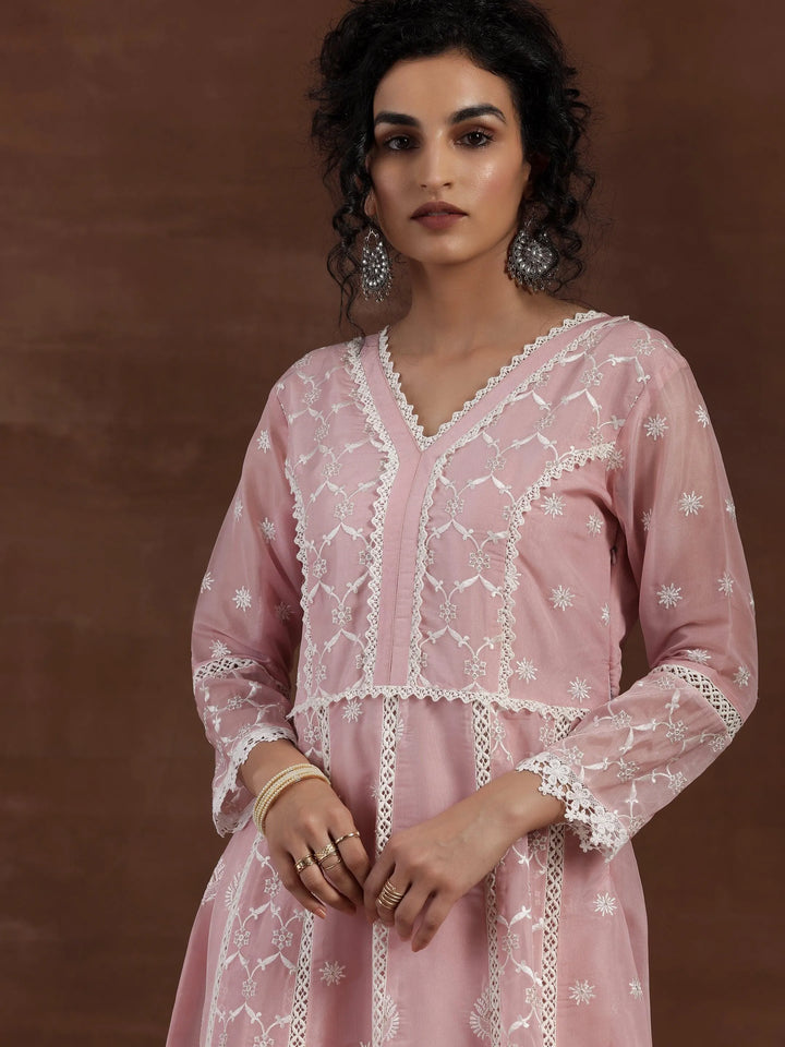 Pink Embroidered Organza A-Line Kurta With Palazzos & Dupatta - Libas