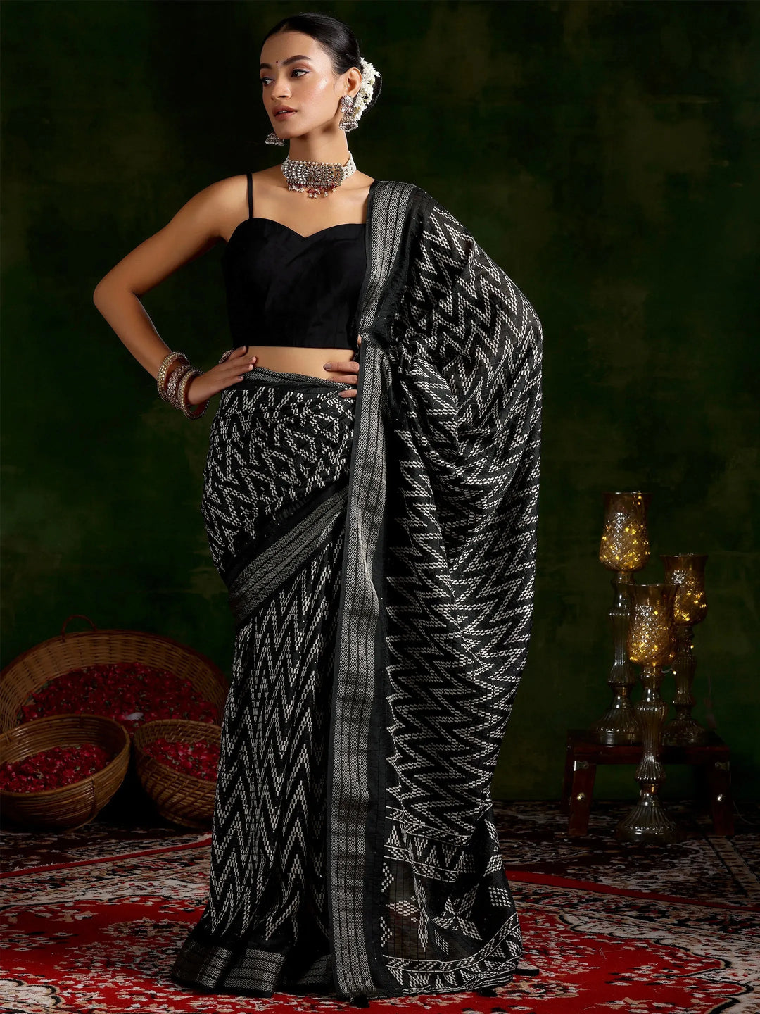  Black Printed Silk Blend Saree With Unstitched Blouse Piece 