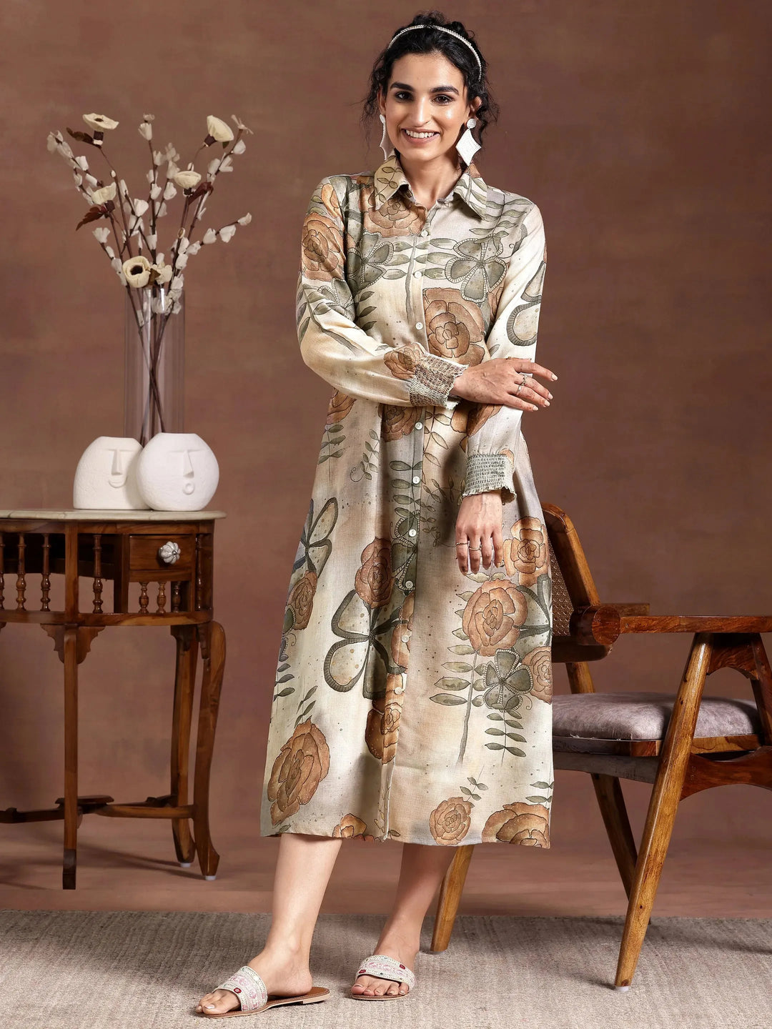 Grey Printed Cotton Blend Shirt Dress 