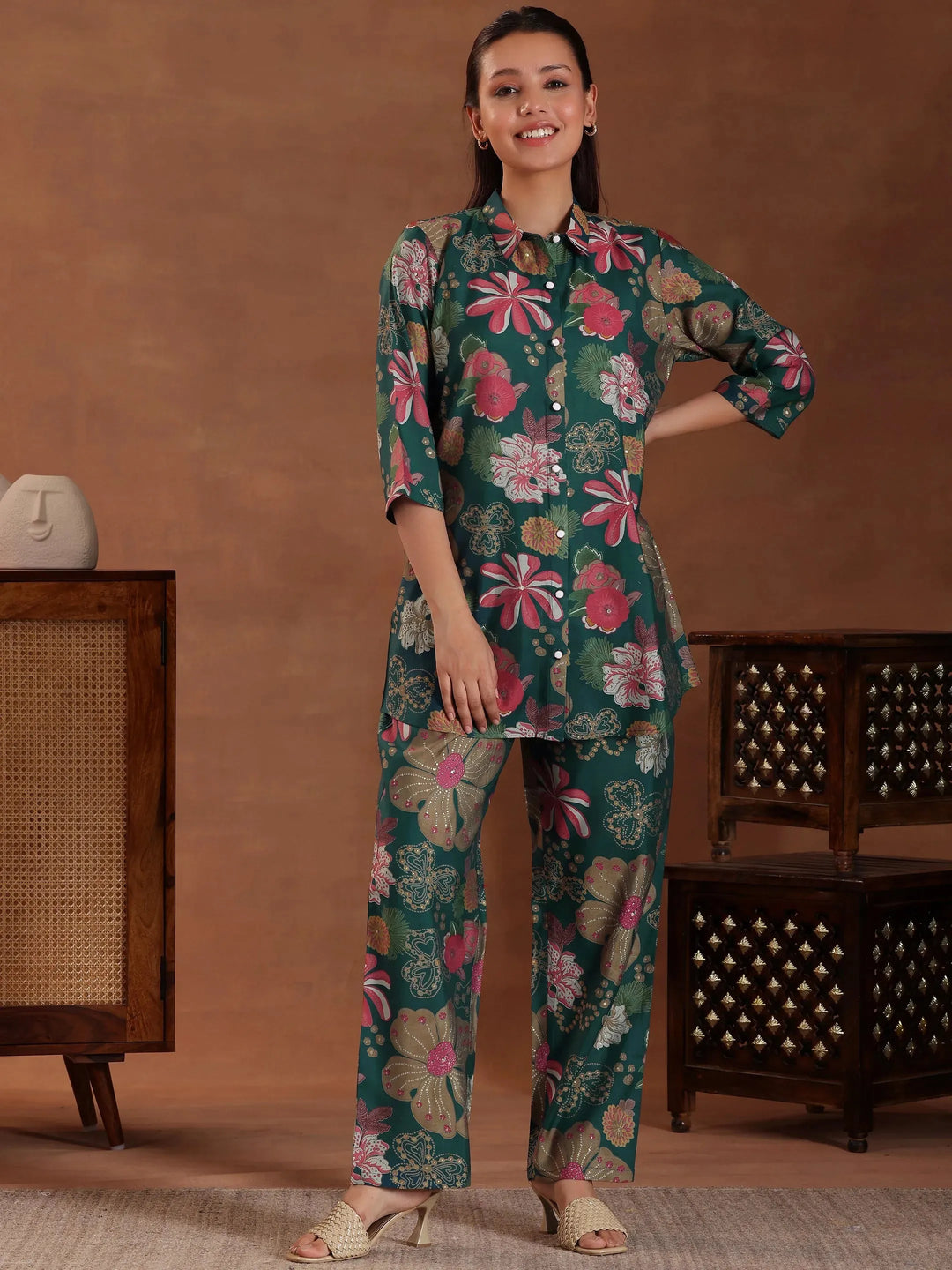  Blue Printed Silk Blend Co-Ords 
