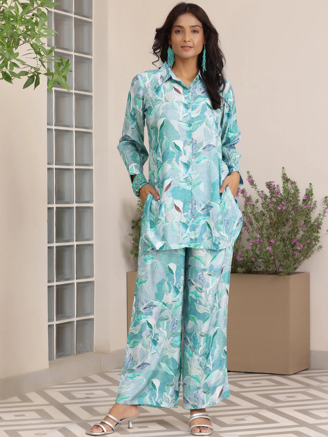  Blue Printed Silk Blend Co-Ords 