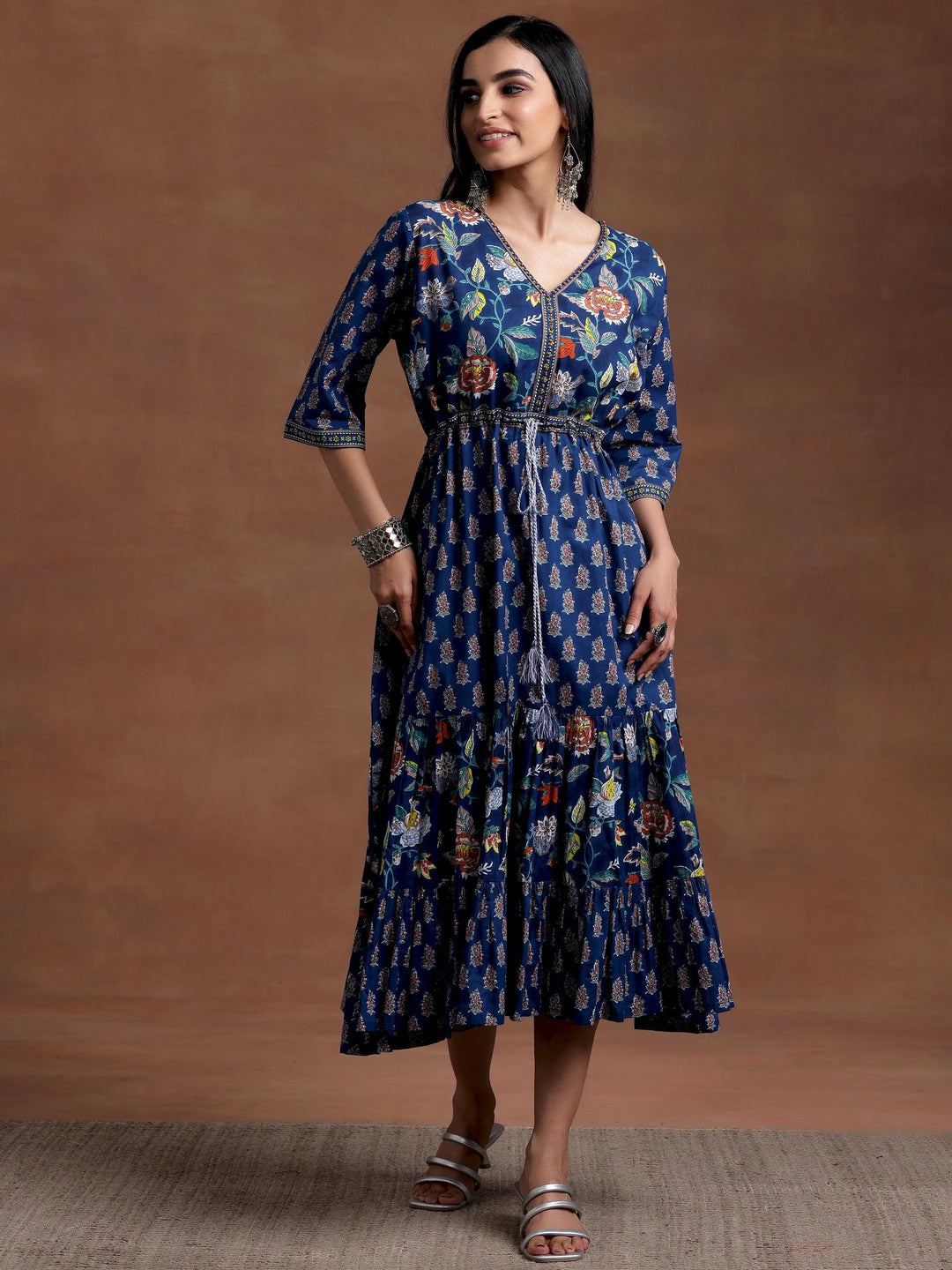 Blue Printed Cotton Fit and Flare Dress - Libas 