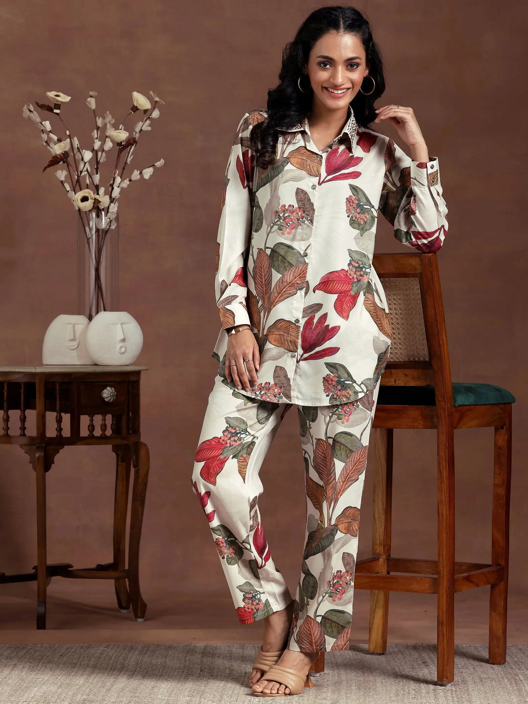  Beige Printed Crepe Co-Ords 