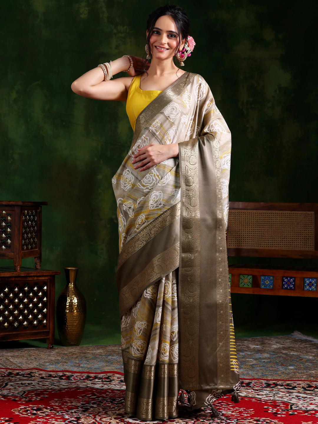 Taupe Printed Silk Blend Saree With Unstitched Blouse Piece - Libas 