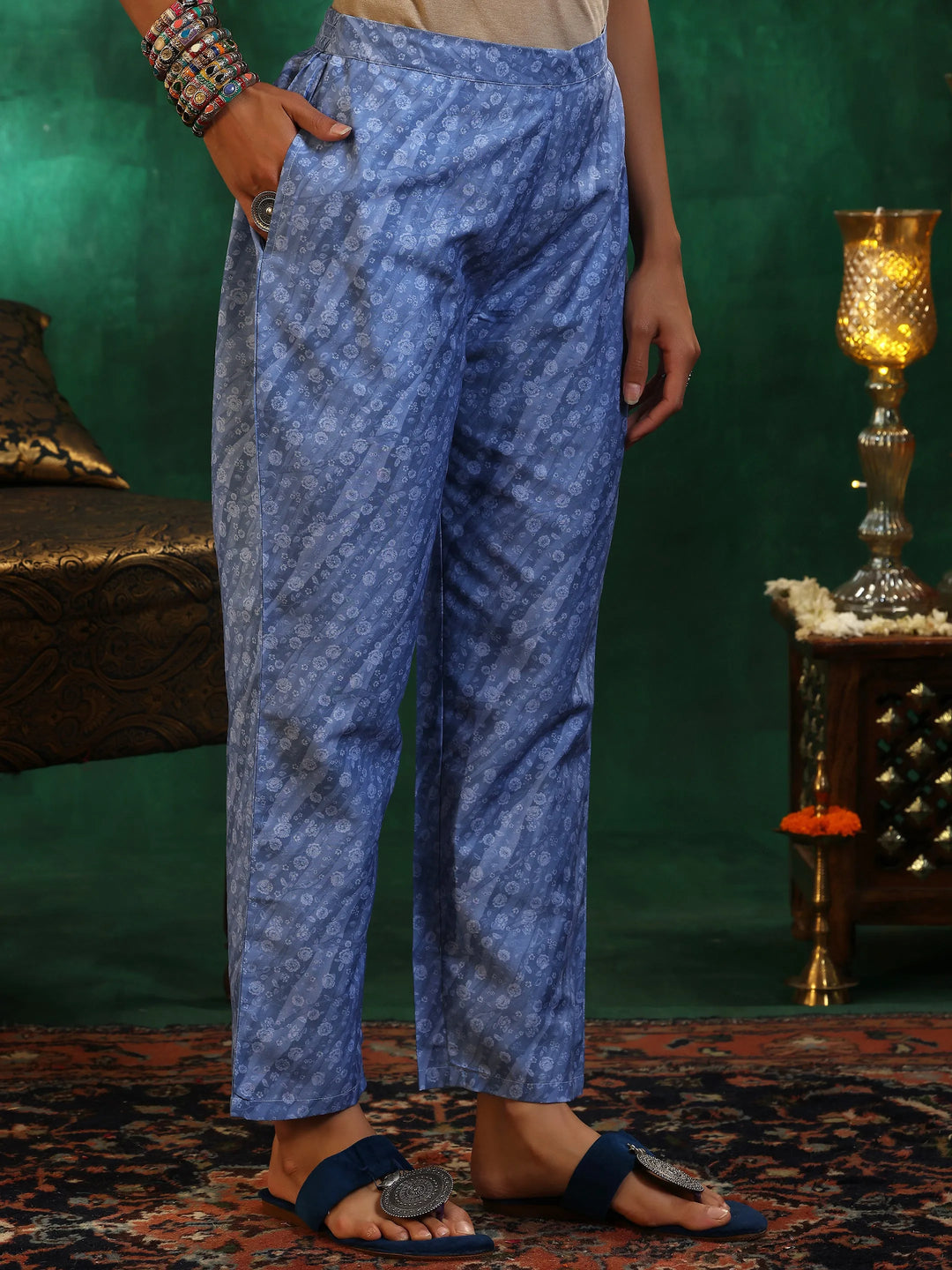  Blue Printed Silk Blend Straight Suit With Dupatta 