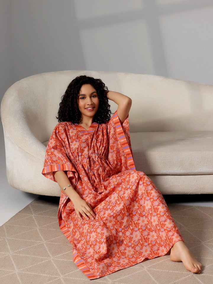 Orange Printed Cotton Kaftan Night Dress - Libas