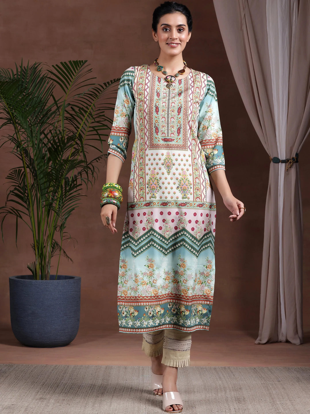  Sea Green Printed Crepe Straight Kurta 