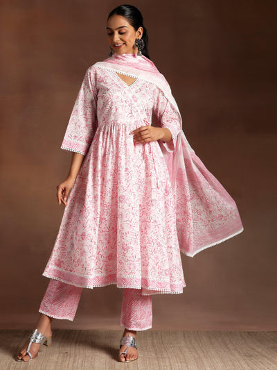 Tabassum Pink Printed Cotton A-Line Kurta With Palazzos & Dupatta - Libas