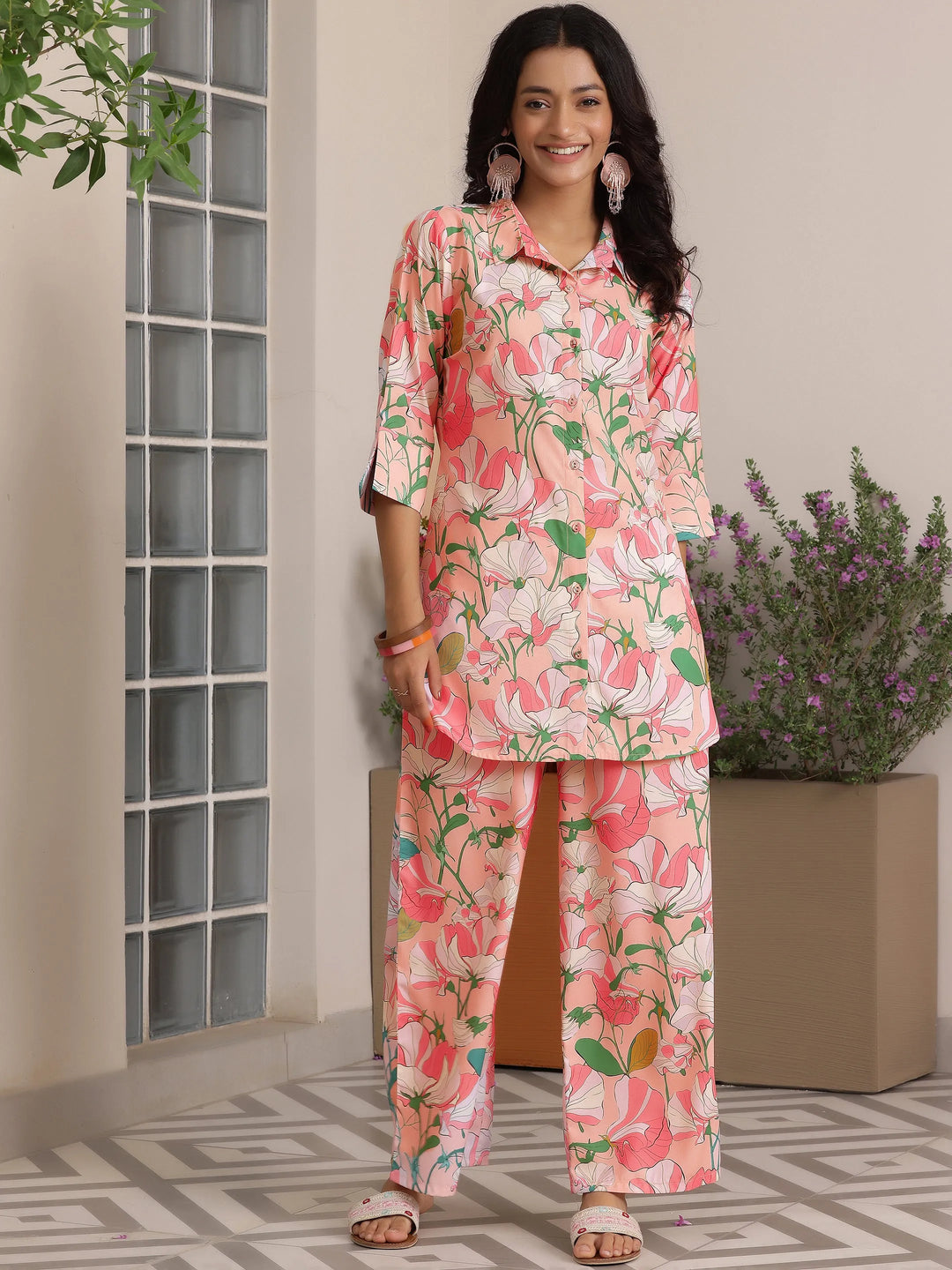  Peach Printed Silk Blend Co-Ords 