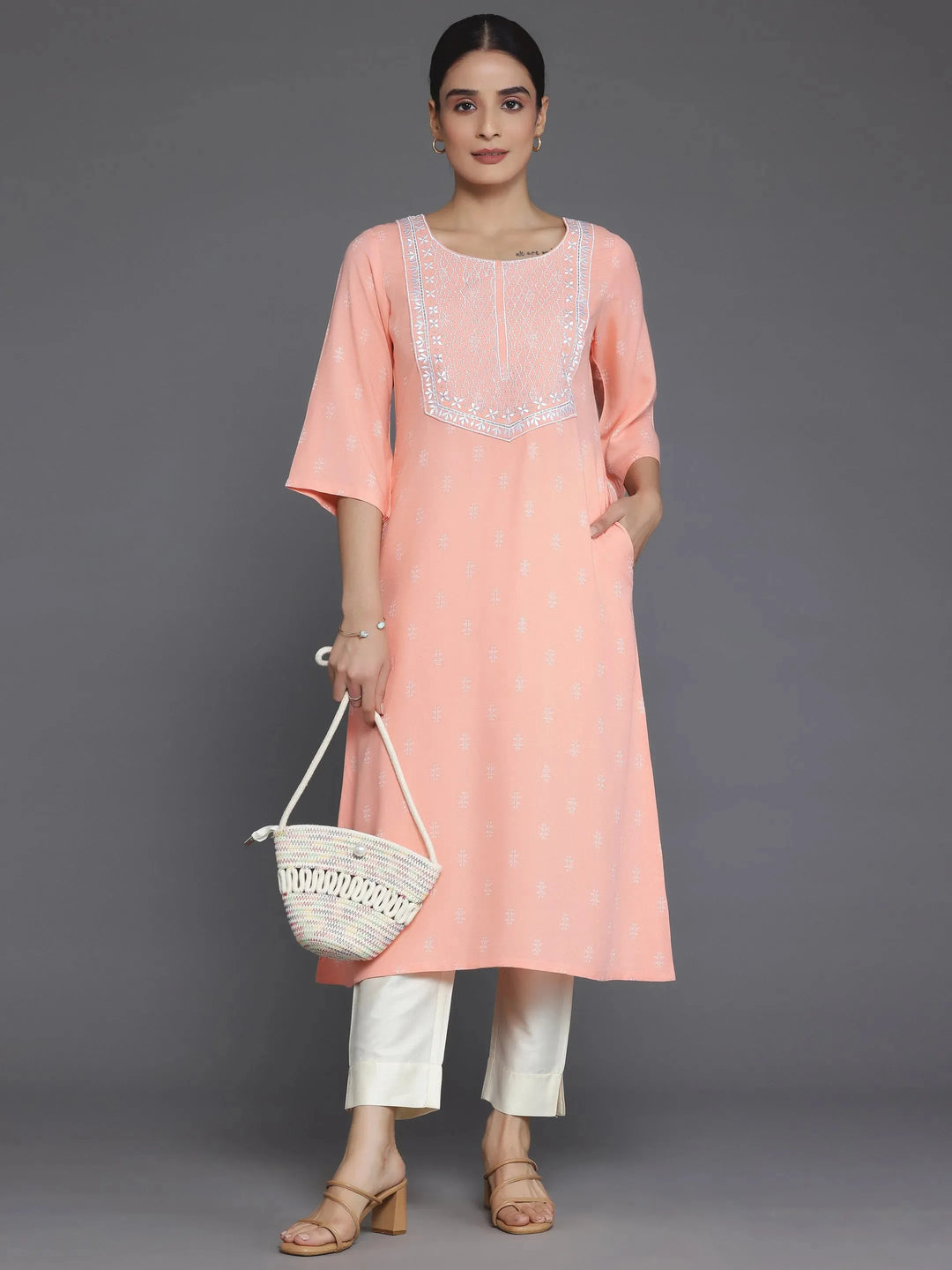  Peach Woven Design Rayon Straight Kurta 