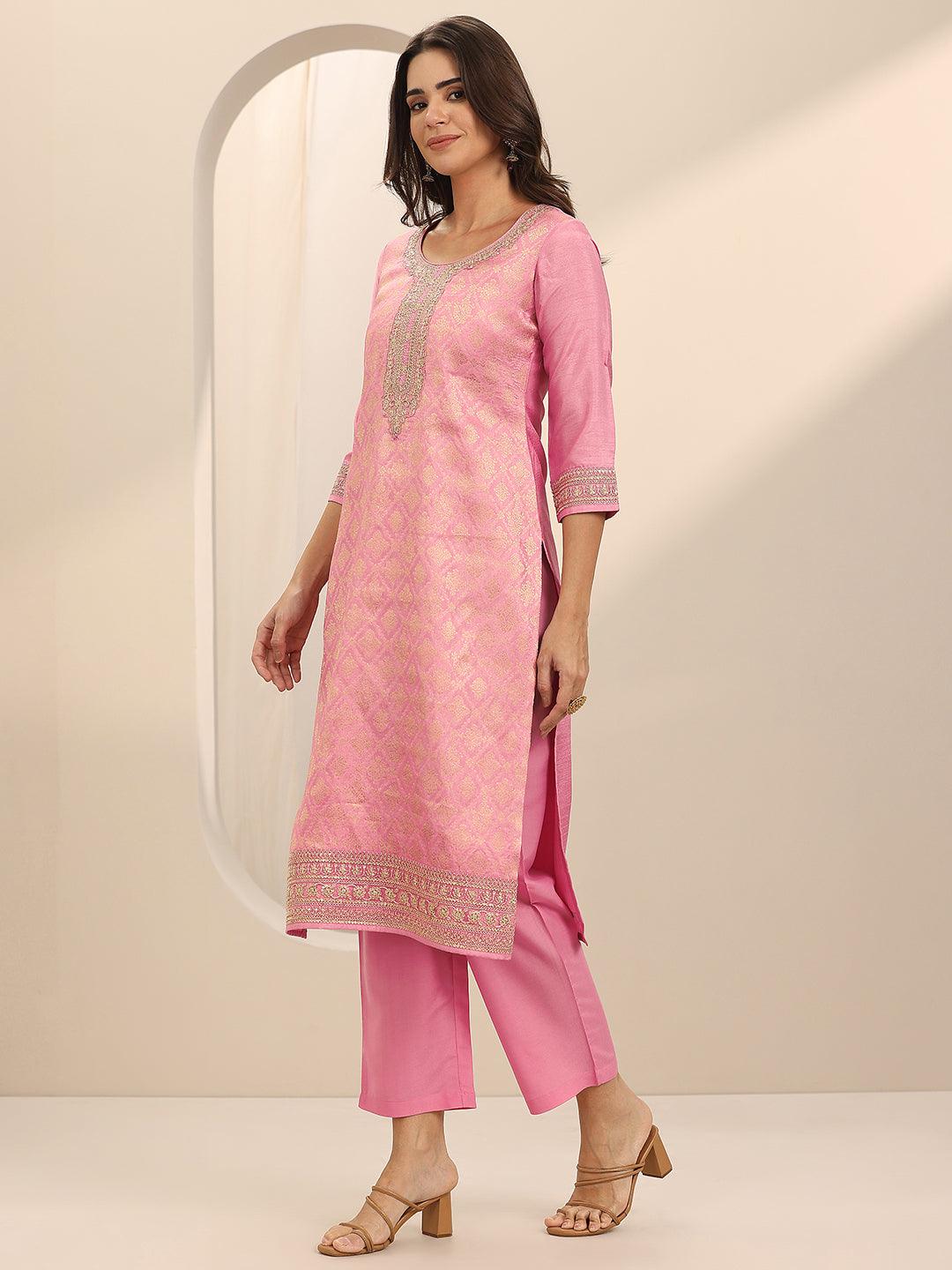  Pink Woven Design Silk Blend Straight Suit Set With Dupatta 