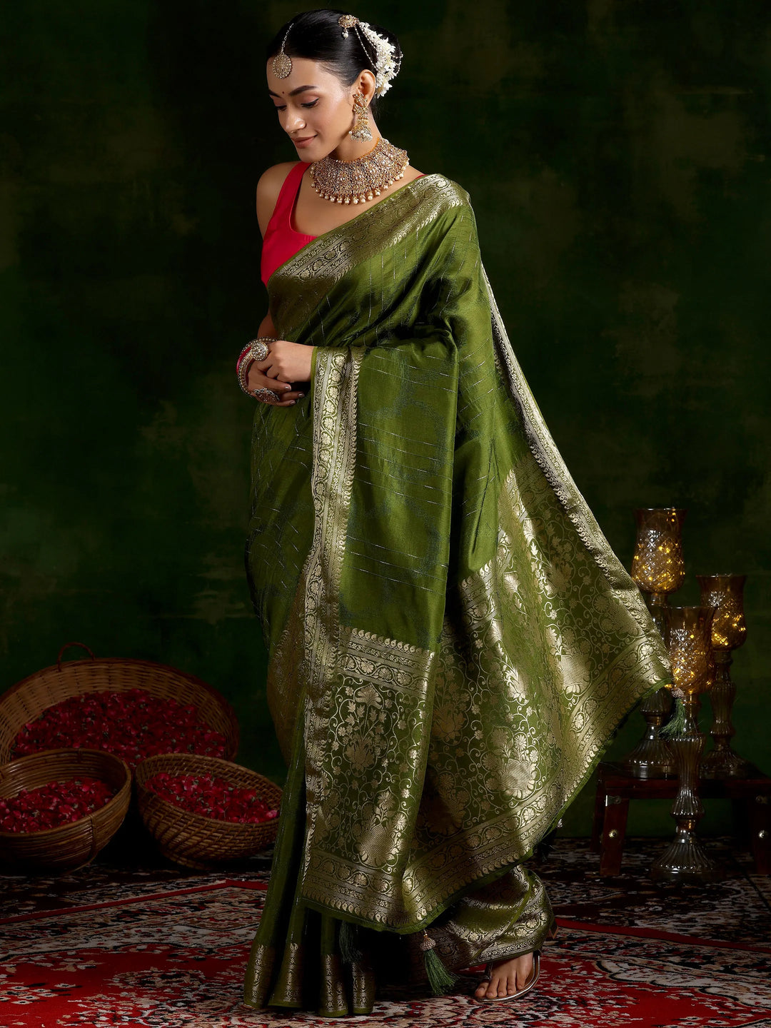  Olive Green Woven Design Silk Blend Saree With Unstitched Blouse Piece 