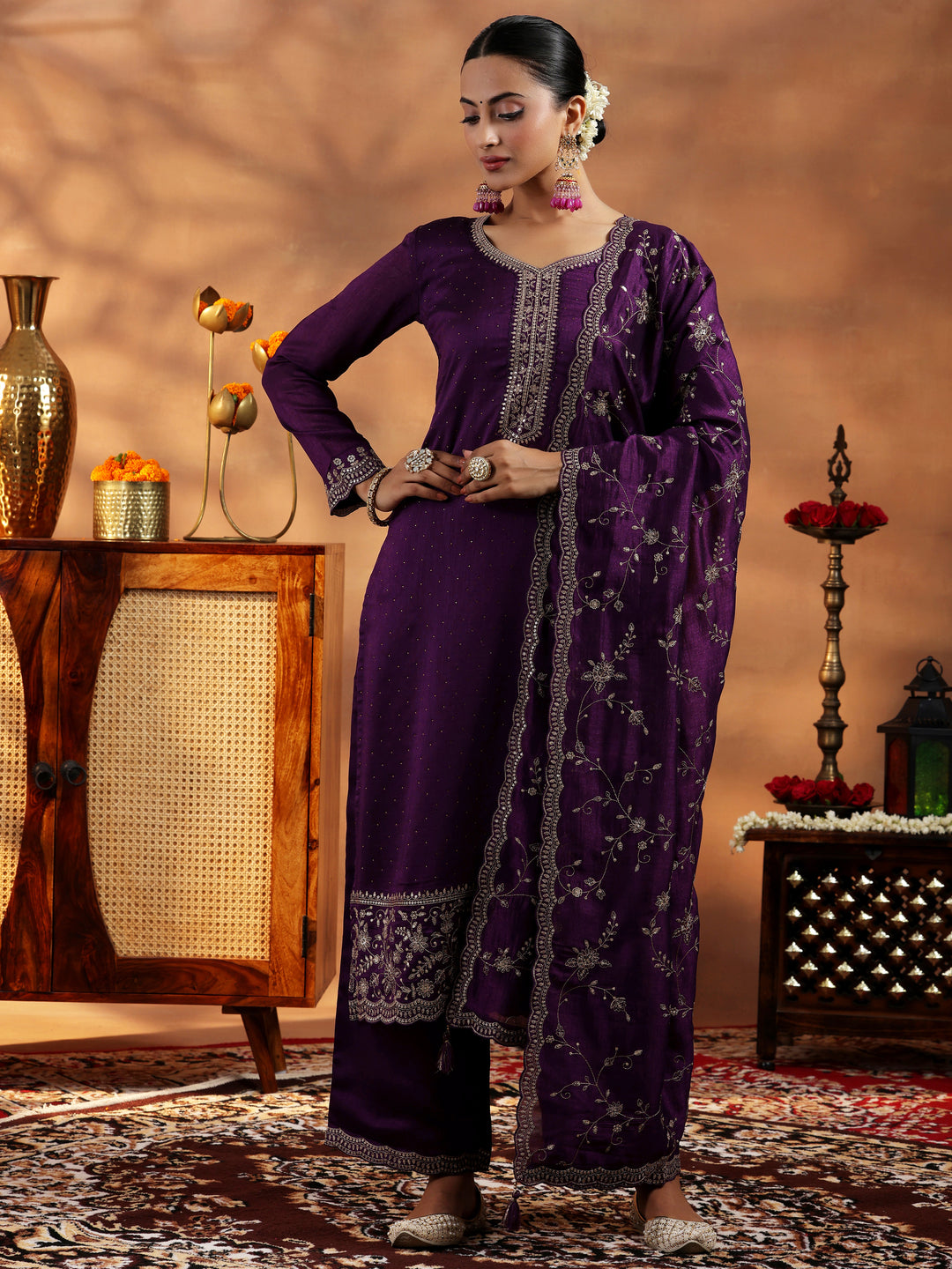  Burgundy Embroidered Silk Blend Straight Suit With Dupatta 