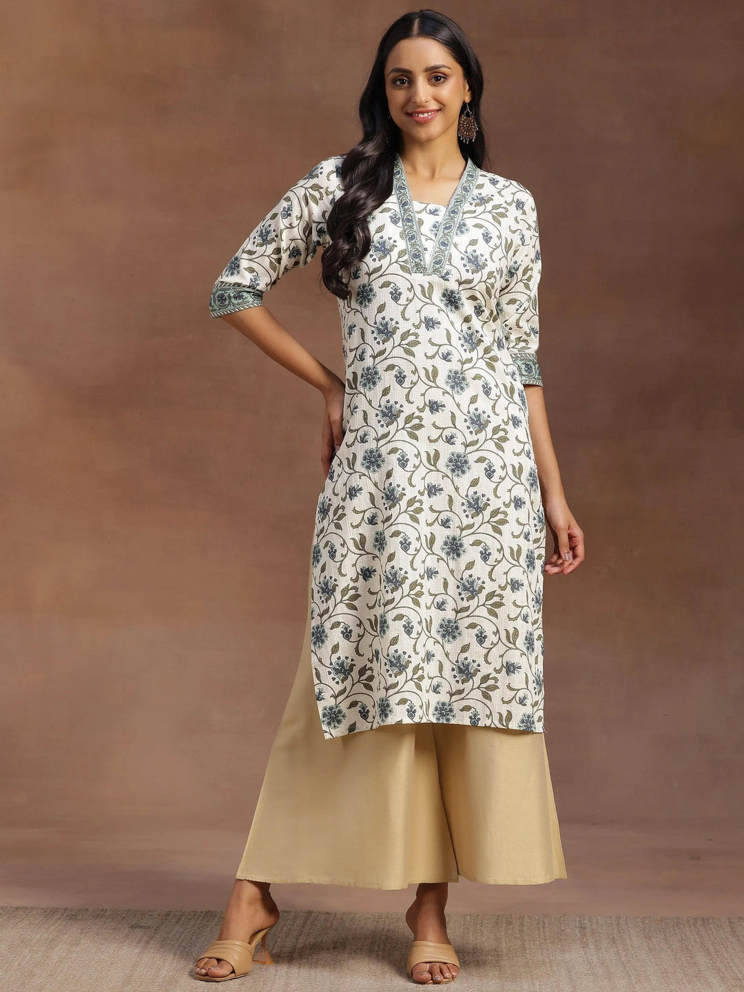 Off White Printed Cotton Straight Kurta - Libas 