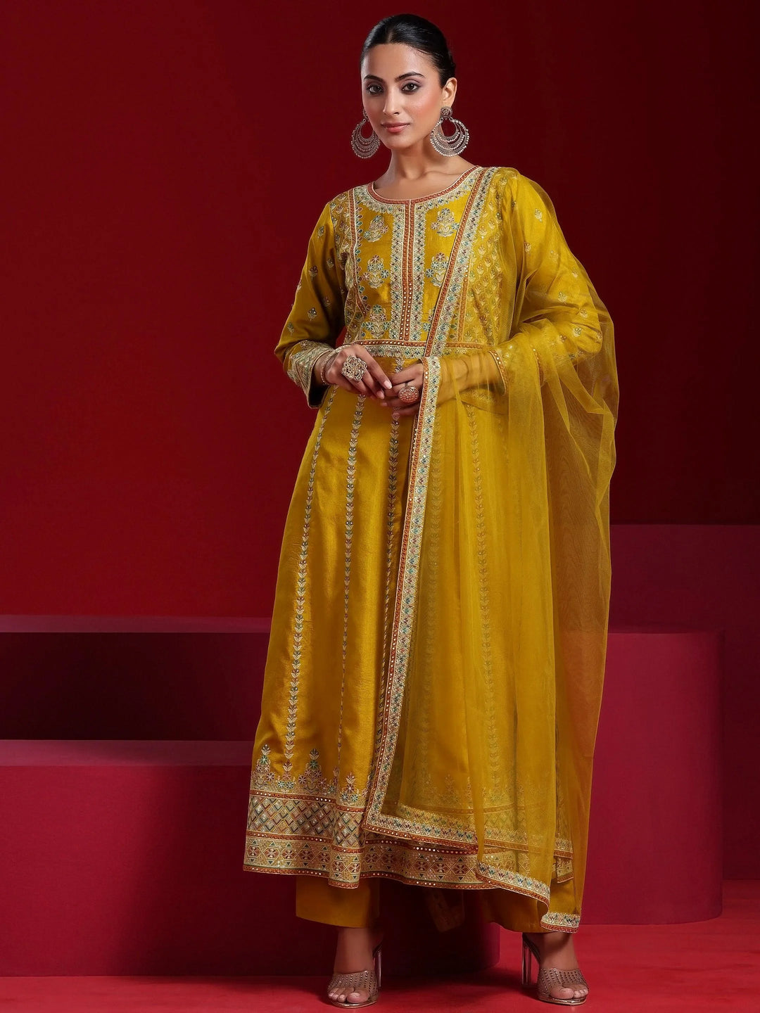 Libas Art Mustard Embroidered Silk Blend A-Line Kurta With Sharara & Dupatta - Libas 
