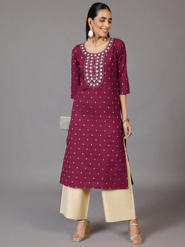 Maroon Embroidered Cotton Straight Kurta
