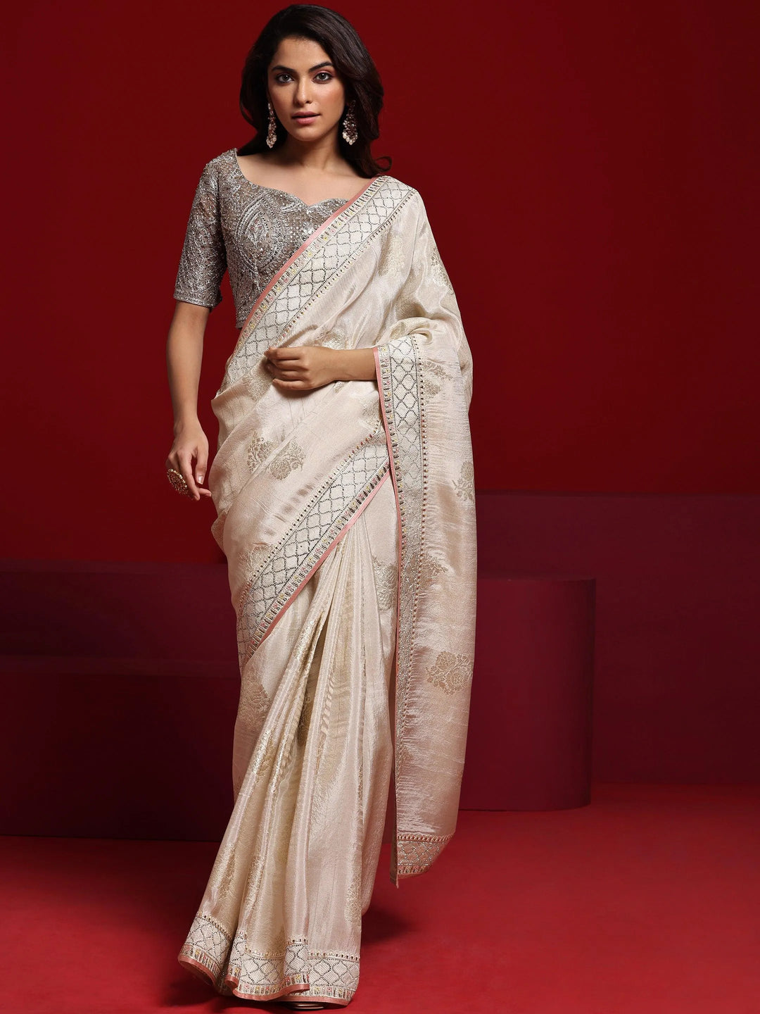 Libas Art Beige Woven Design Silk Blend Saree With Unstitched Blouse Piece - Libas 