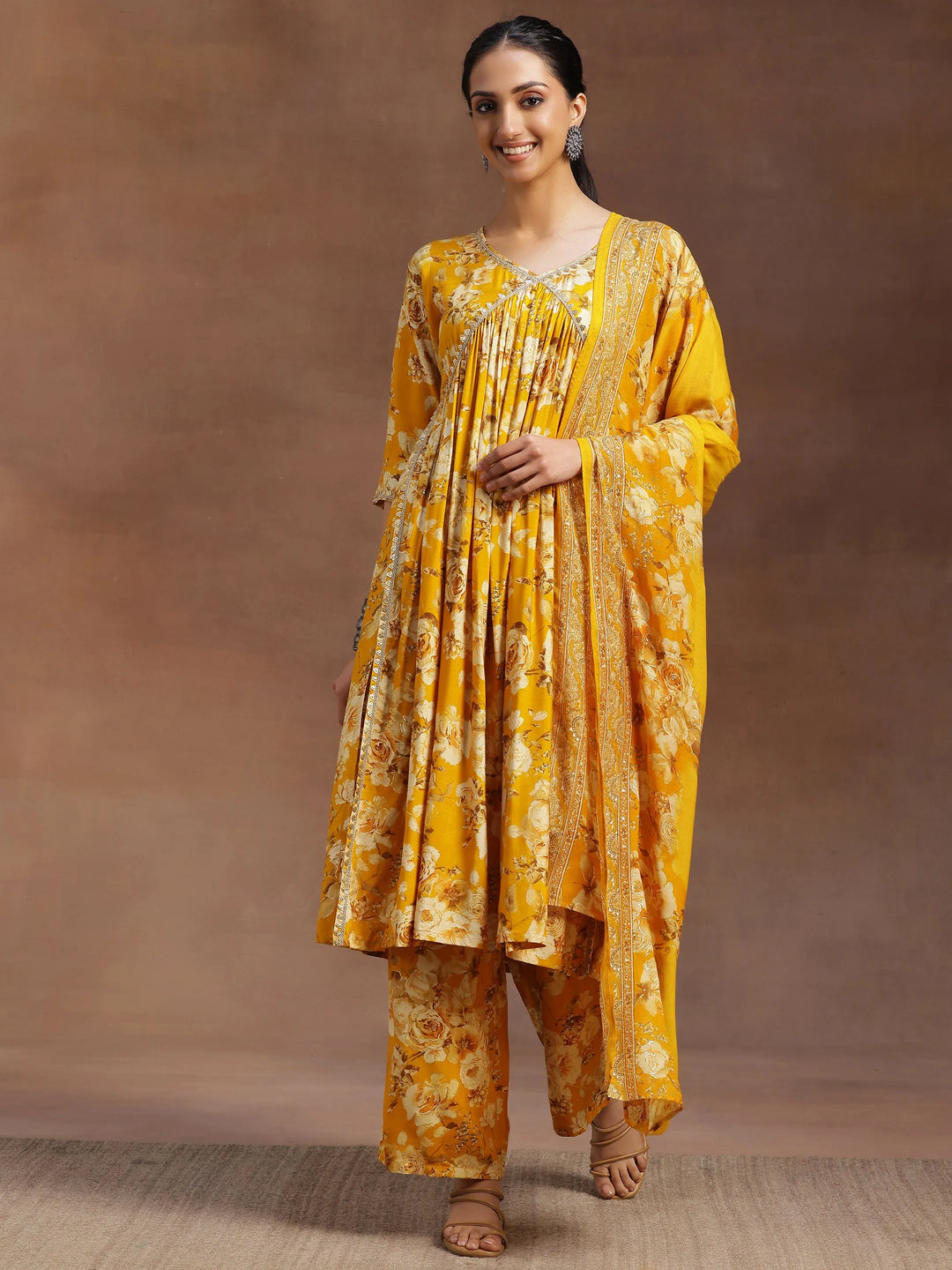  Yellow Printed Silk Blend A-Line Kurta With Palazzos & Dupatta 