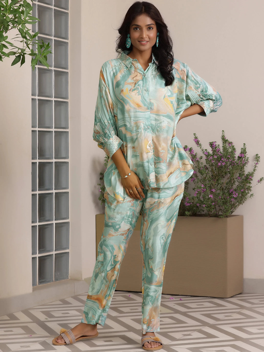  Blue Printed Silk Blend Co-Ords 