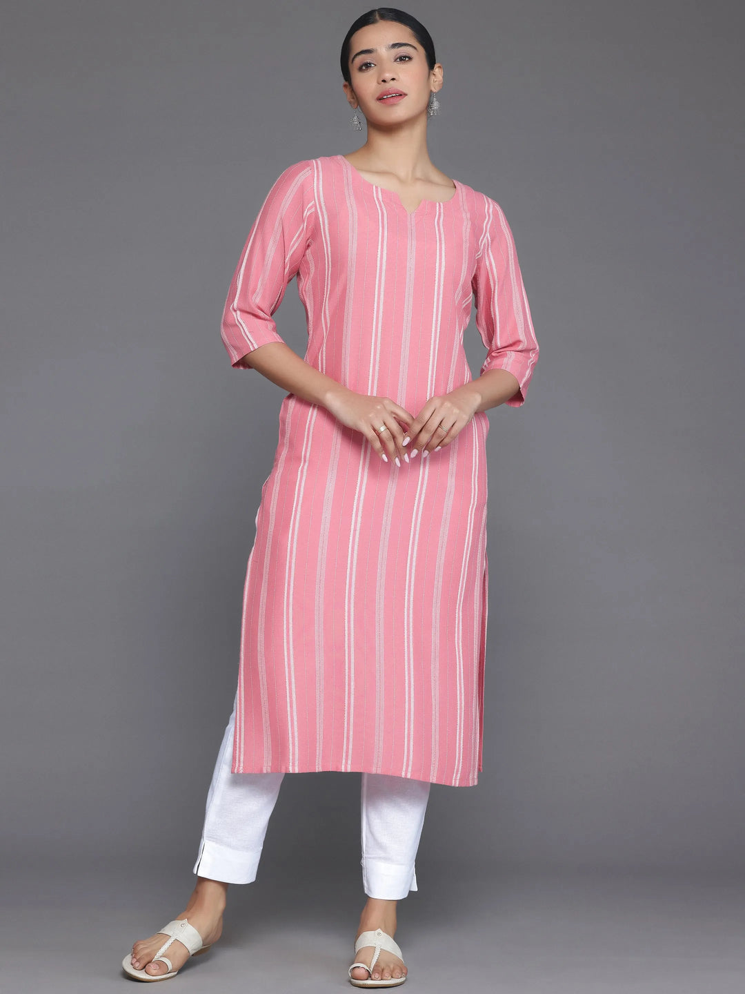  Pink Woven Design Rayon Straight Kurta 