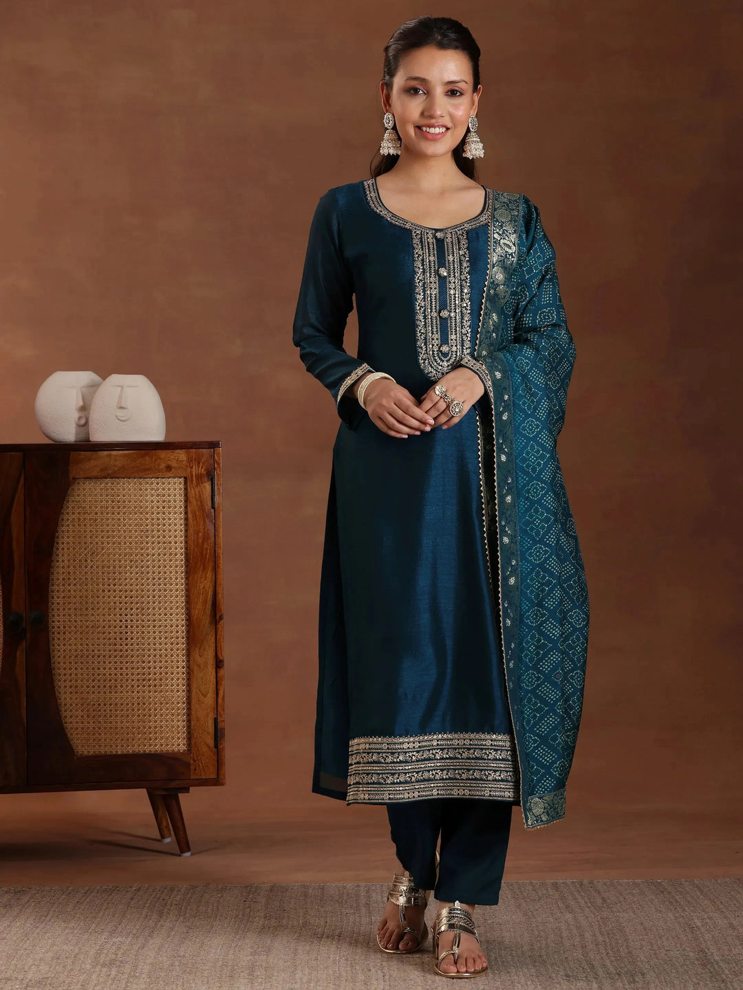  Teal Embroidered Silk Blend Straight Suit With Dupatta 