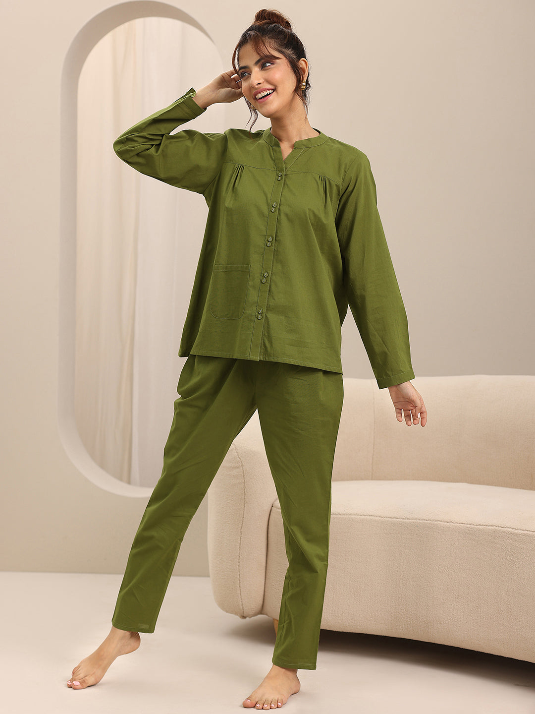  Olive Solid Cotton Night Suits 