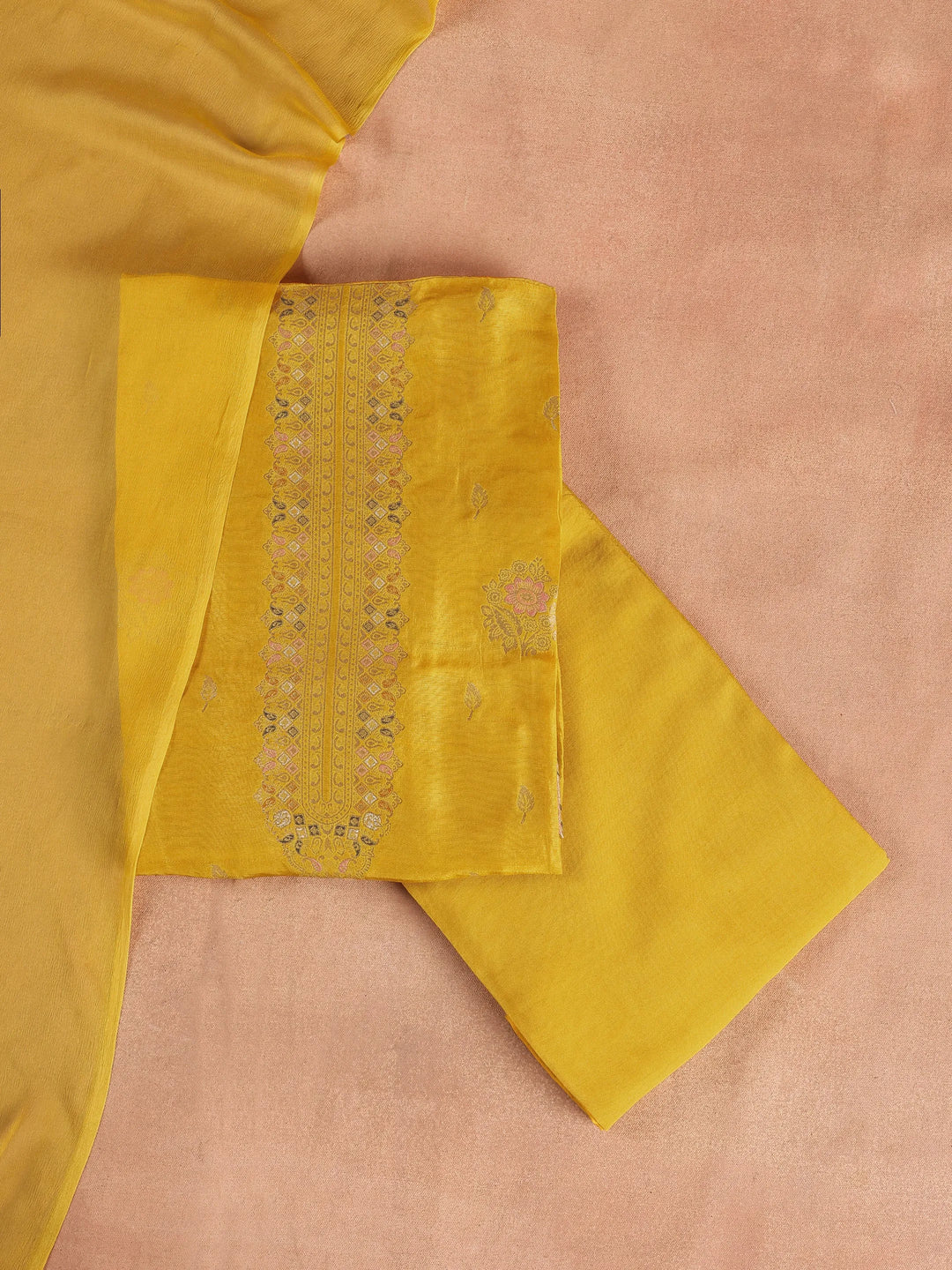 Mustard Embroidered Silk Blend Dress Material With Dupatta