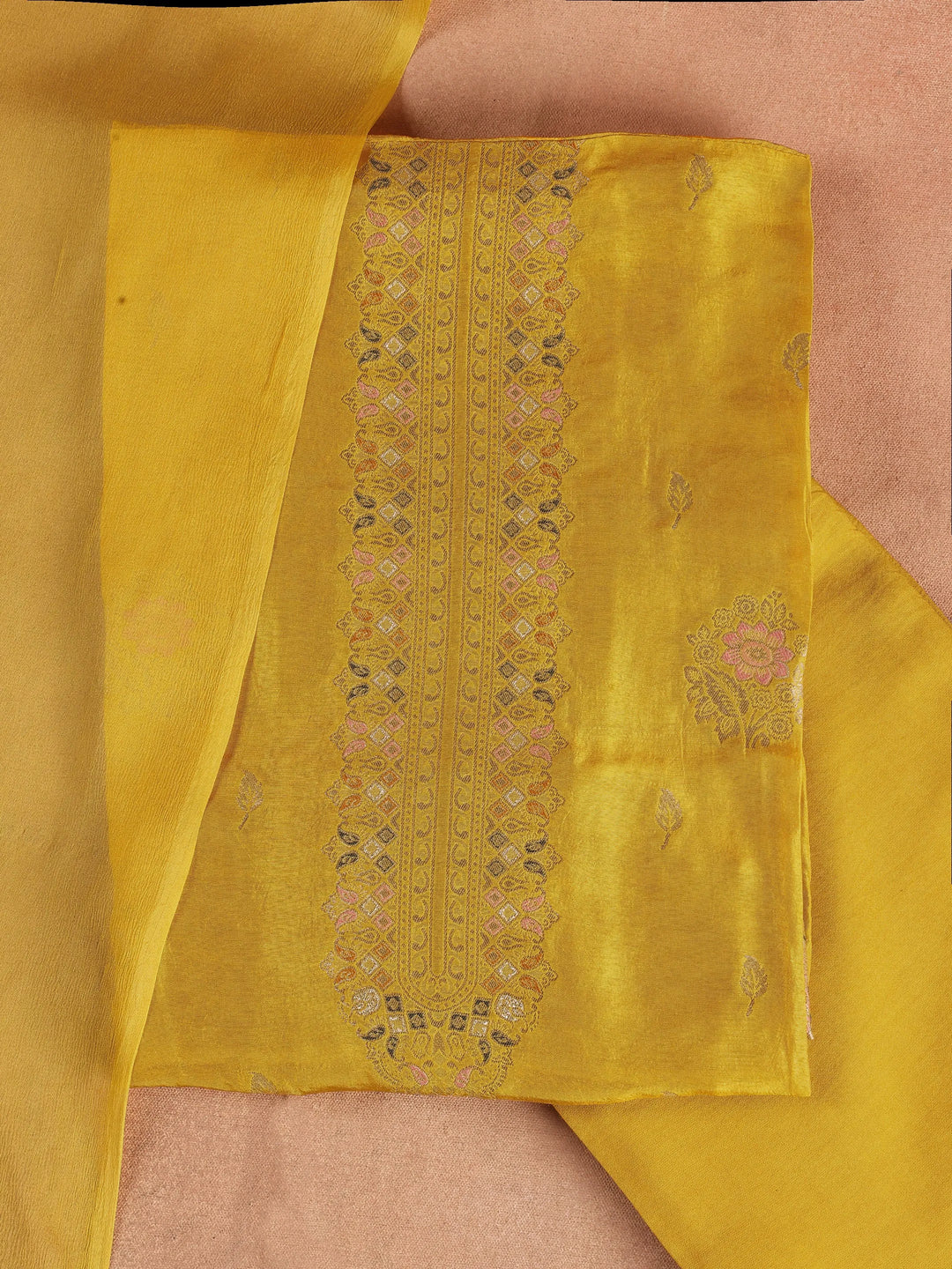  Mustard Embroidered Silk Blend Dress Material With Dupatta 