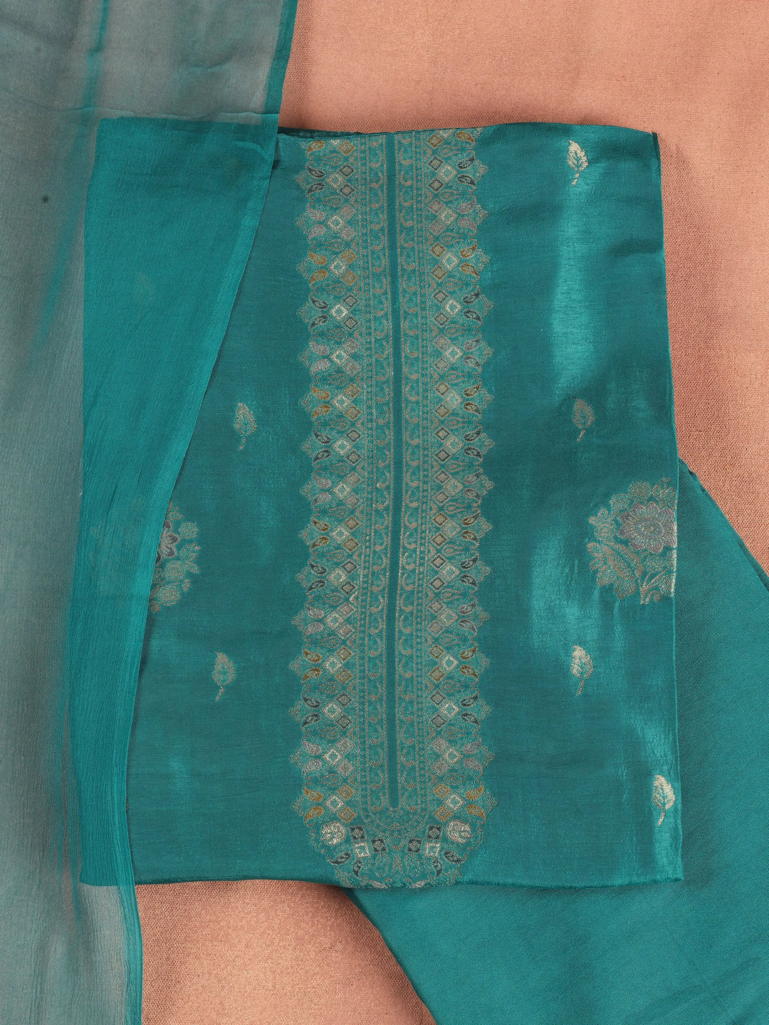 Teal Embroidered Silk Blend Dress Material With Dupatta