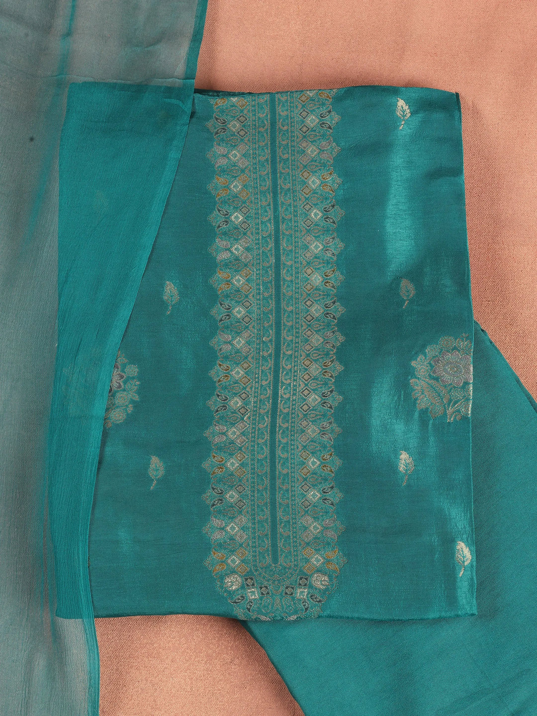 Teal Embroidered Silk Blend Dress Material With Dupatta 