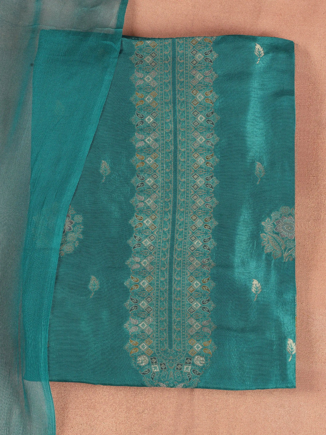  Teal Embroidered Silk Blend Dress Material With Dupatta 