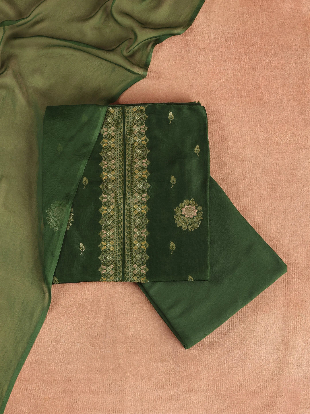  Green Woven Design Silk Blend Dress Material Dress With Dupatta 