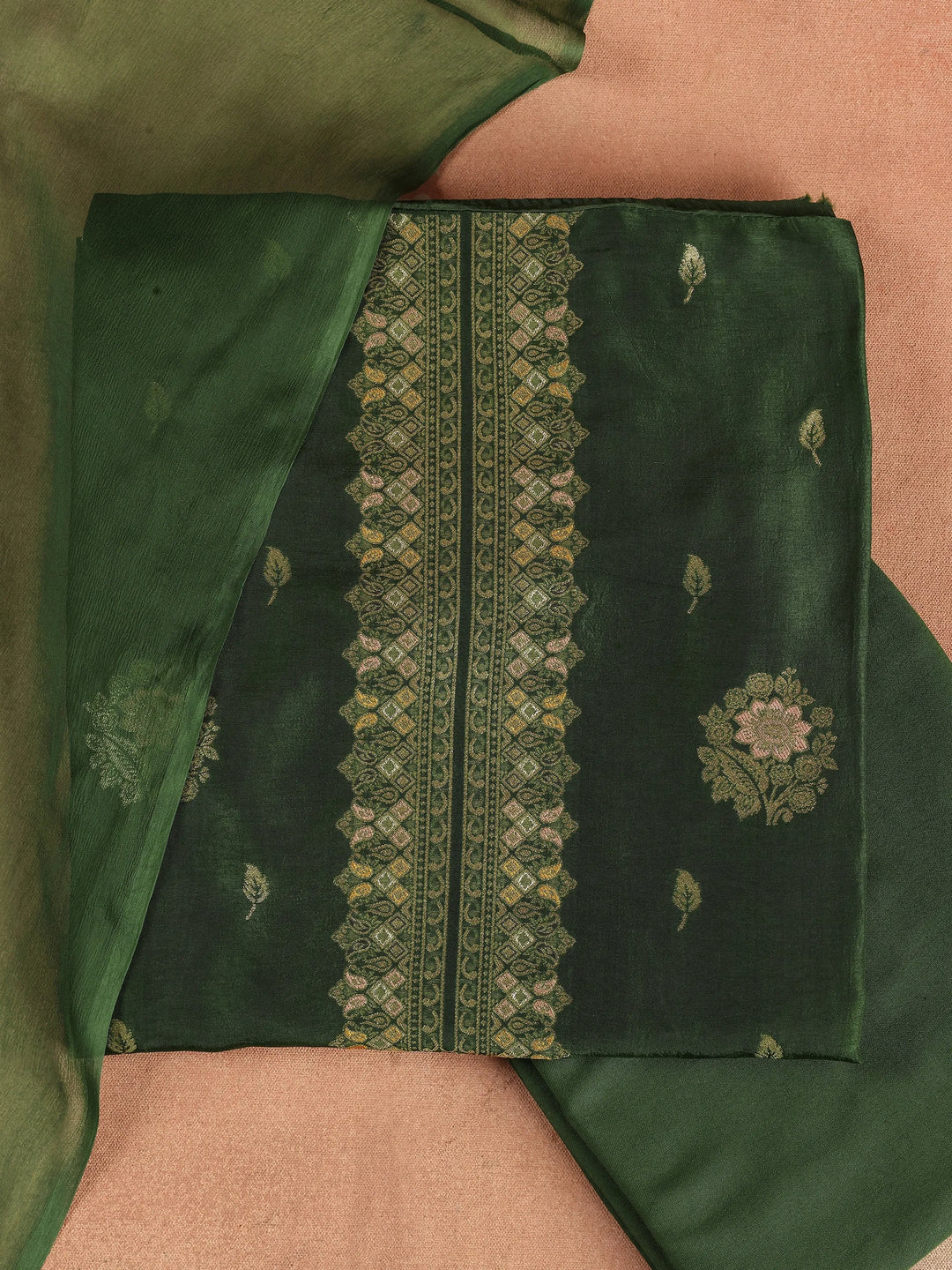 Green Woven Design Silk Blend Dress Material Dress With Dupatta