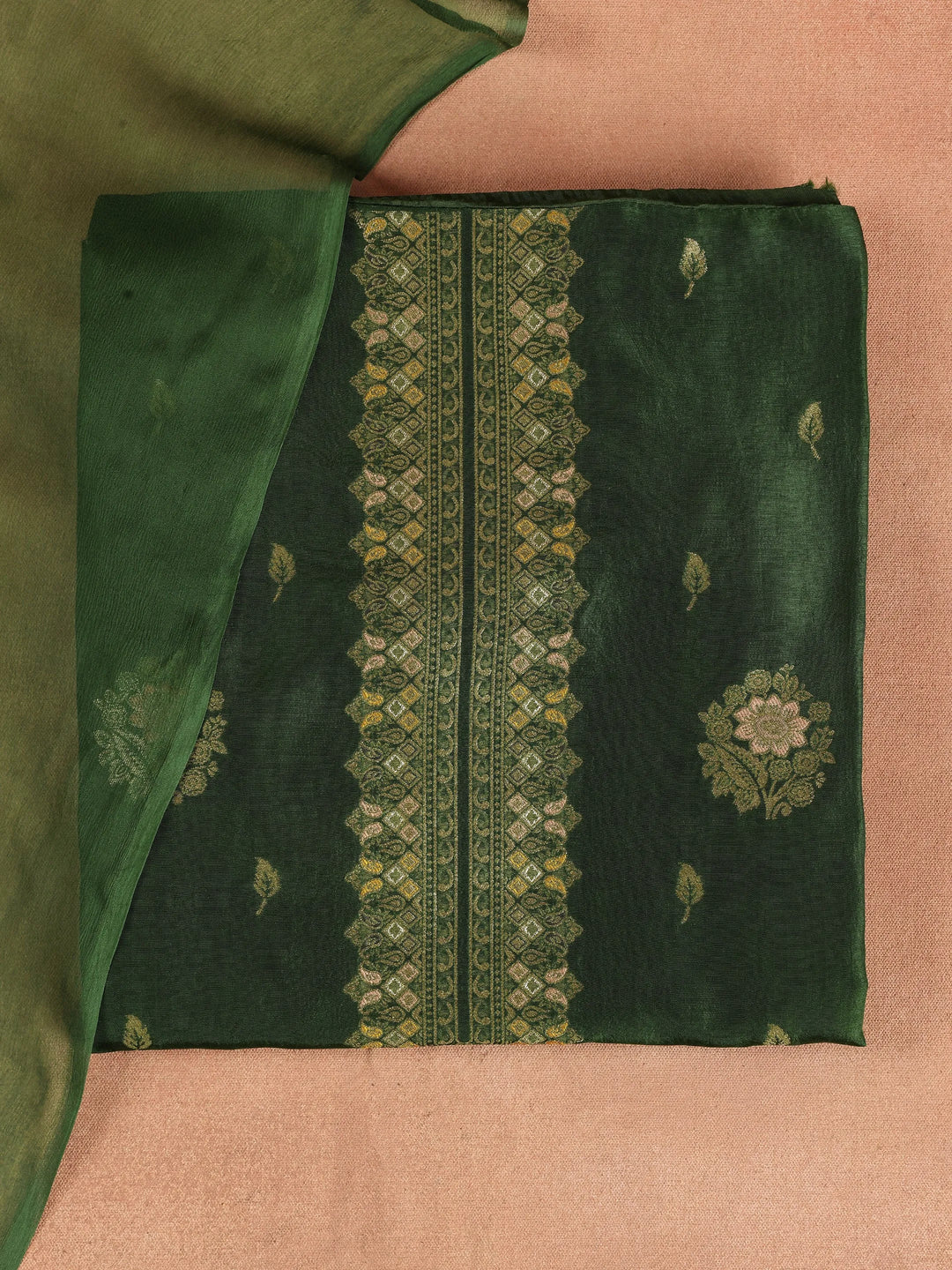  Green Woven Design Silk Blend Dress Material Dress With Dupatta 