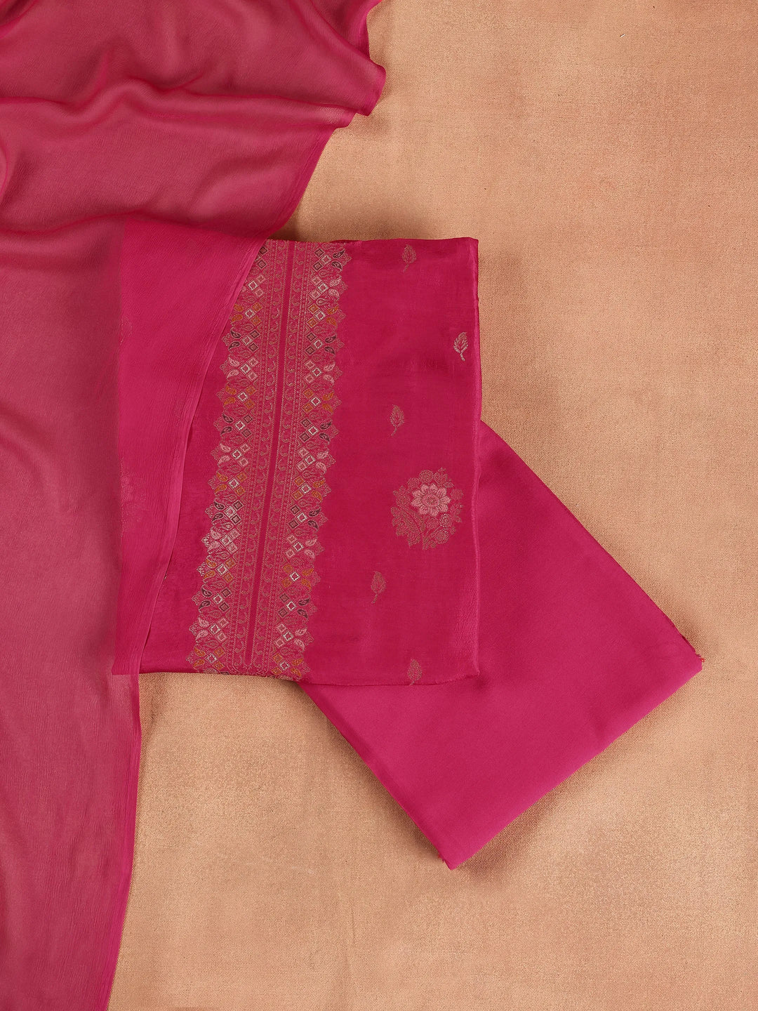  Pink Woven Design Silk Blend Dress Material With Dupatta 