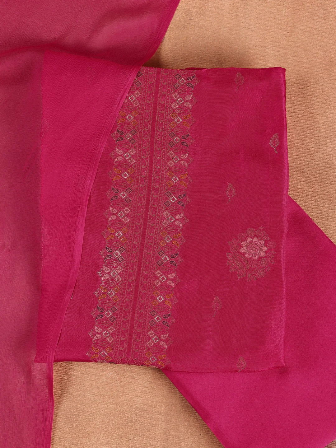  Pink Woven Design Silk Blend Dress Material With Dupatta 