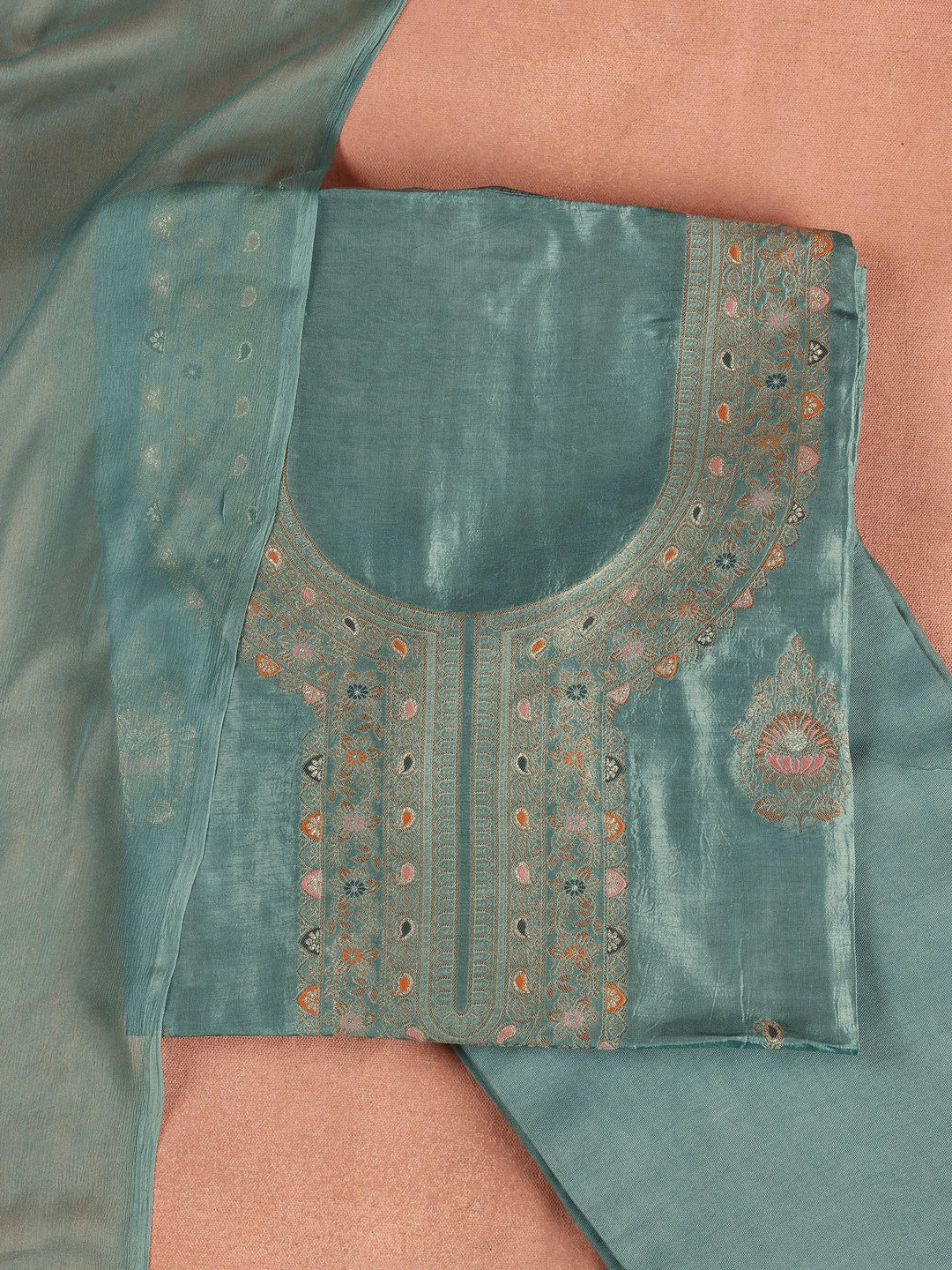  Blue Woven Design Silk Blend Dress Material With Dupatta 