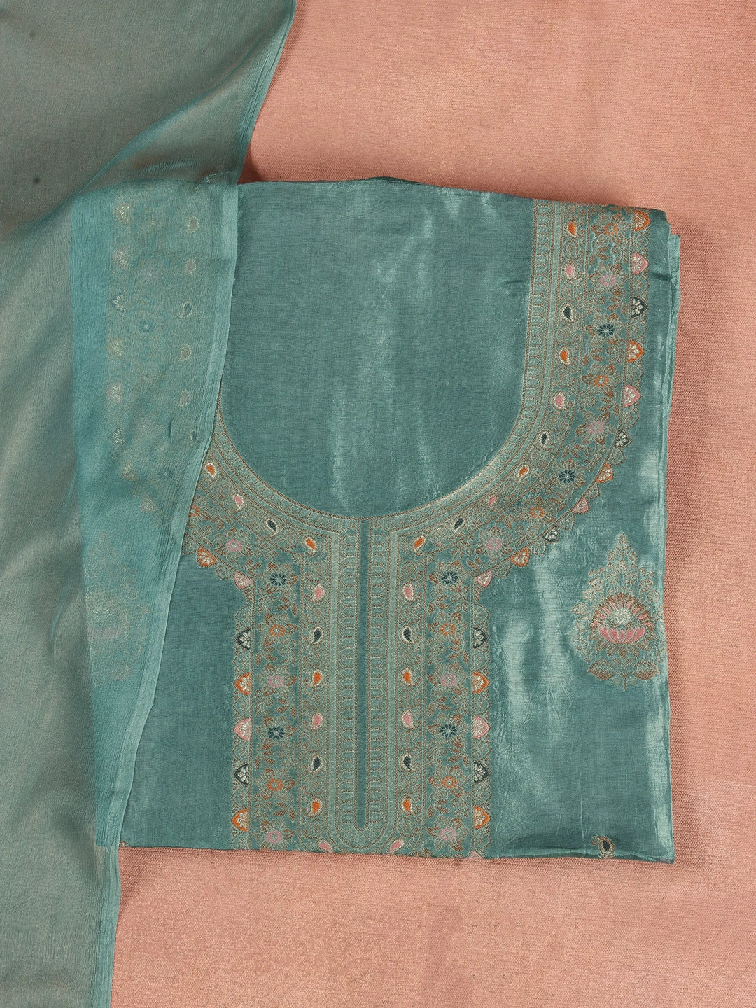  Blue Woven Design Silk Blend Dress Material With Dupatta 