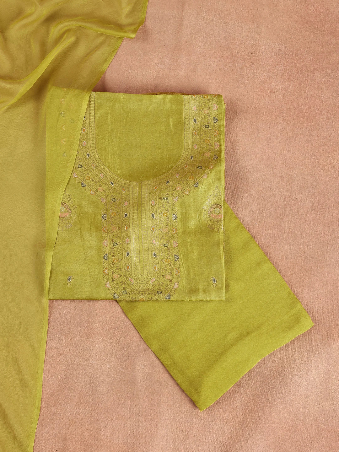  Lime Green Woven Design Silk Blend Dress Material With Dupatta 